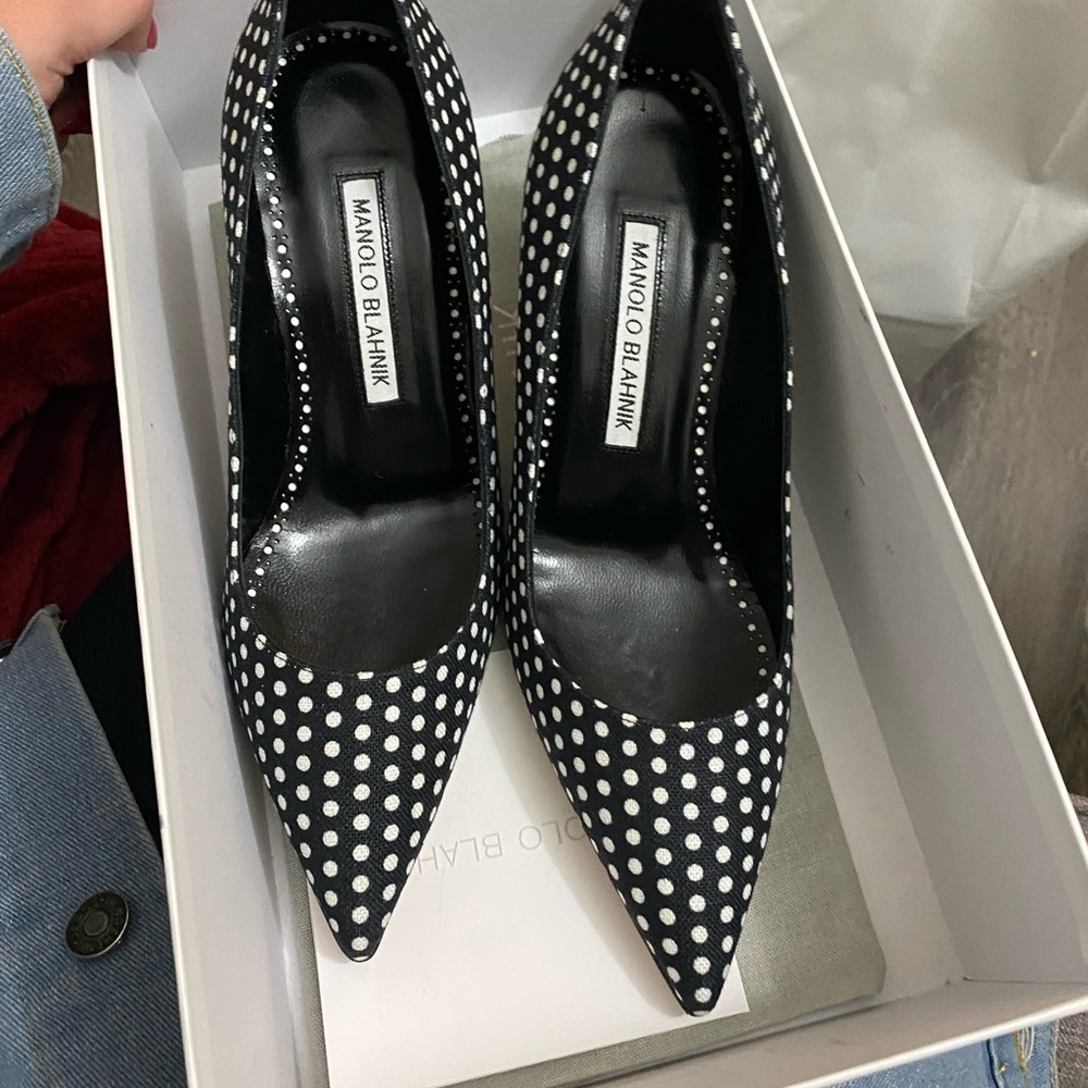 Black and white poka-dot Manolo Blahnik’s